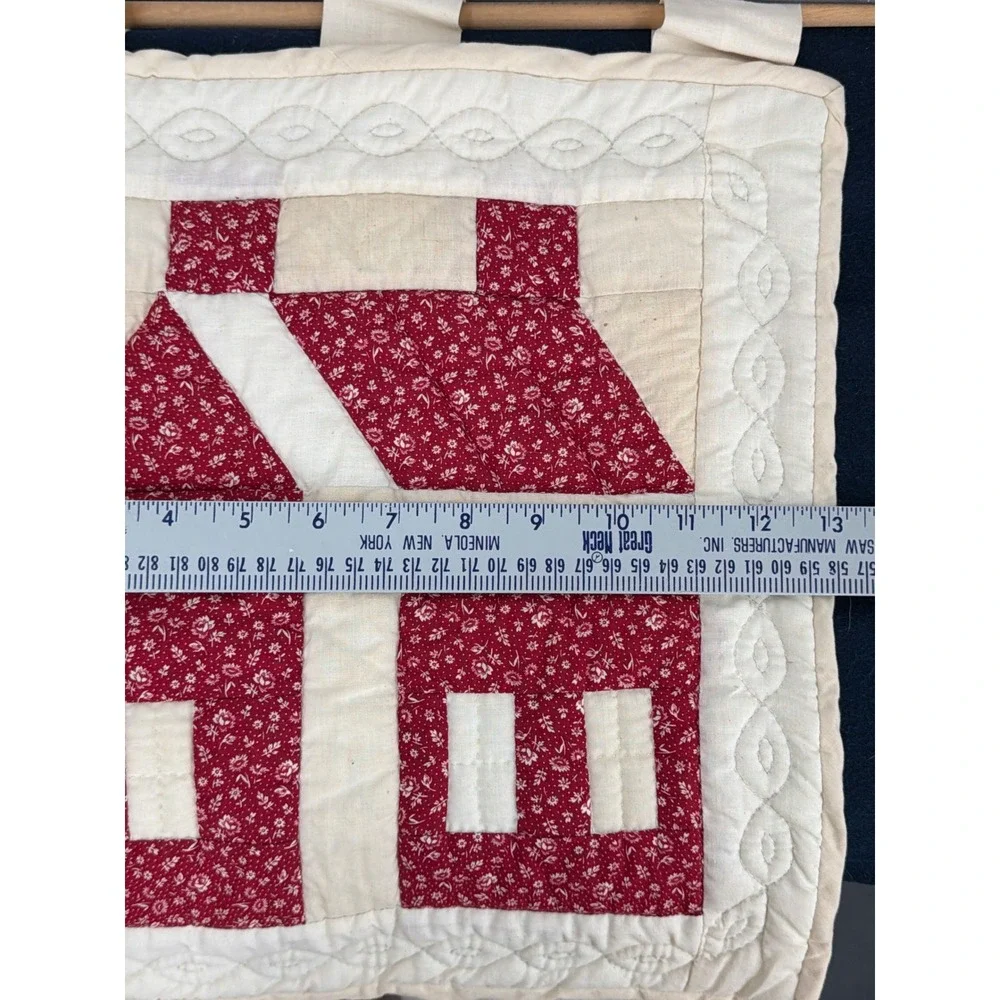 Vintage Handmade Quilted Wall Hanging Red Cream Schoolhouse Cottage Farmhouse